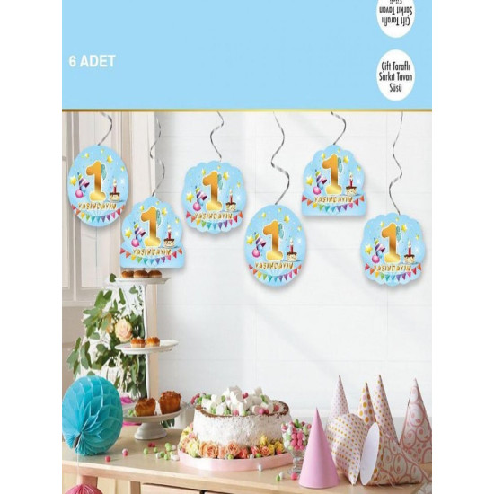Toptan 1 Yaş Mavi 6'lı Tavan Süs Flama