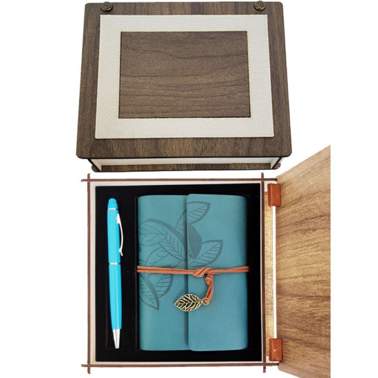 Toptan Deri Ahşap Kutulu Mavi Deri Defter ve Kalem Set Toptan Deri Ahşap Kutulu Mavi Deri Defter ve Kalem Set