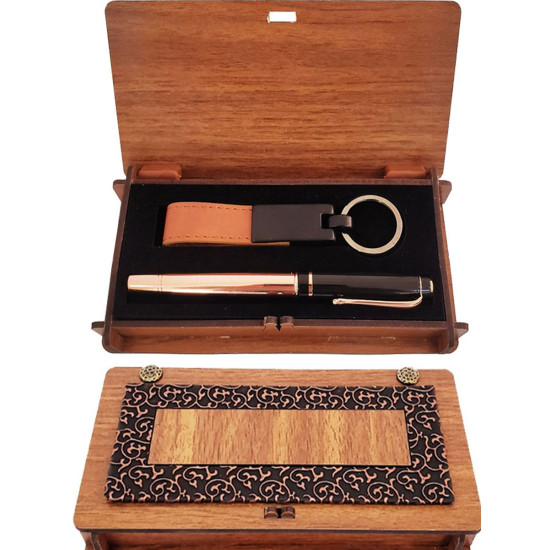 Toptan Ahşap Kutulu Bakır Roller Kalem ve Taba Anahtarlık Set