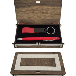 Toptan Ahşap Deri Kutulu Kırmızı Anahtarlık ve Kalem Set