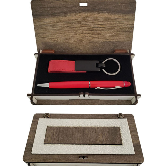 Toptan Ahşap Deri Kutulu Kırmızı Anahtarlık ve Kalem Set