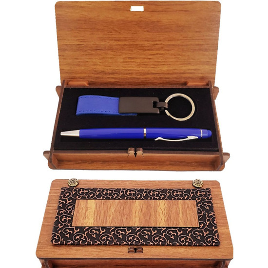 Toptan Lacivert Kalem ve Anahtarlık Deri Kutulu Set