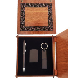 Toptan Deri Ahşap Kutulu Siyah Kalem Anahtarlık ve Mat Çakmak Set