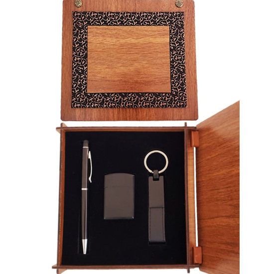 Toptan Deri Ahşap Kutulu Siyah Kalem Anahtarlık ve Mat Çakmak Set