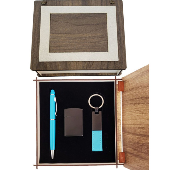 Toptan Deri Kutulu Mavi Kalem Anahtarlık ve Çakmak 