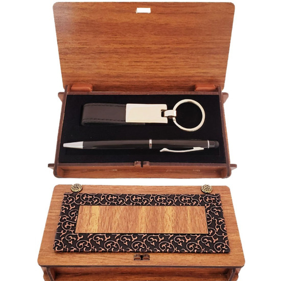 Toptan Siyah Kalem ve Anahtarlık Ahşap Kutulu Hediyelik Set